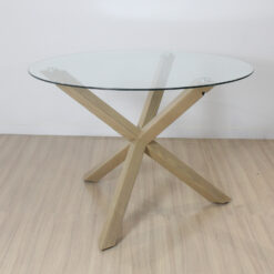 MESA PALMA REDONDA VIDRIO SIMIL MADERA 110 CM